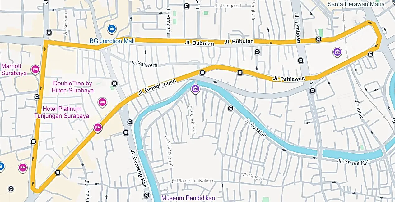 Peta rute 5 KM dari Tugu Pahlawan lewat Jl. Pahlawan, Jl. Gemblongan, Jl. Tunjungan, Jl. Bubutan, kembali ke Tugu Pahlawan, dengan WS-1 dan WS-2